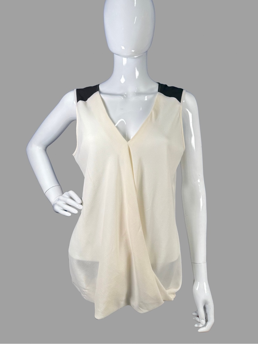 Rose & Olive Cream V-Neck Draped Sleeveless Top with Black Shoulder Accents